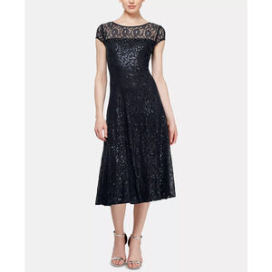 SL FASHIONS Sequined Lace Midi Dress | BLACK | 10